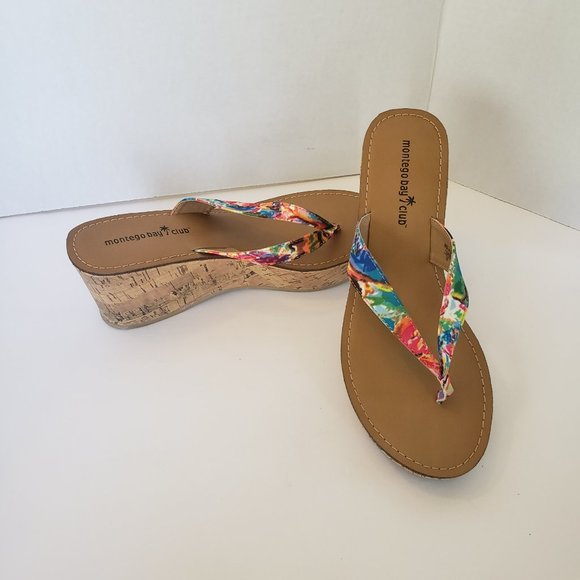 Montego Bay Club Cork Wedge Thong Flip Flop Floral Sandal Women's Size US 8 - Picture 2 of 5